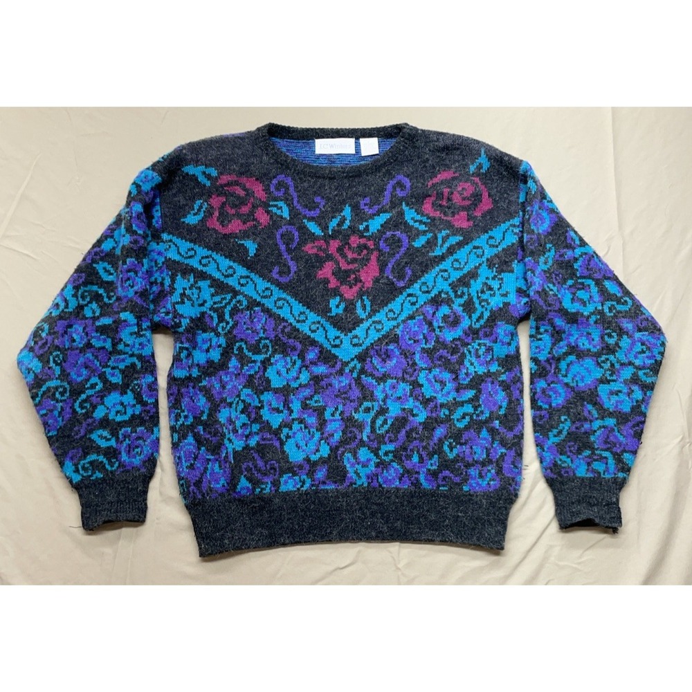 Vintage I.C. Winters sweater Blue Floral knit‎ women's Large Granny Core